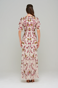 Floral Tulle Droite Maxi Robe De Soirée Sequin Perle Brodé À La Main Demi Manches Cou Antistatique pour Cocktail Dîners - Product Image 4