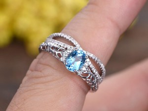 Anillo de compromiso de piedras preciosas de oro blanco de 14K con Topacio Azul de corte ovalado para regalo de aniversario, joyería de diamantes, anillo de bodas - Product Image 5