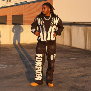 Conjunto Deportivo Personalizado con Capucha y Cremallera, Estilo Lavado Ácido, Pantalones Deportivos Acampanados y Sudadera con Capucha para Hombre - Product Image 1
