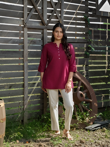 เสื้อเคอตต้อนแฟชั่นสตรีแบบลำลองสีไวน์สไตล์พื้นเมืองฤดูร้อน - Product Image 4