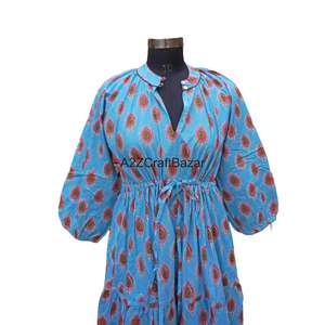 Nuevo Diseño, Vestido Midi Informal Holgado Estilo Vintage para Mujer, 100% Algodón, Cuello en V, Estampado Floral, Impresión Digital a Mano, Transpirable, Natural - Product Image 3