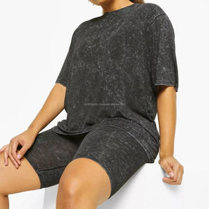 Verano nueva moda mujer ropa 2 piezas camiseta y conjunto corto de tela suave de talla grande lavado ácido Biker conjunto corto de dos piezas - Product Image 1