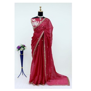 Sari de seda de diseñador indio de Bollywood para mujer con la última blusa Hermoso trabajo pesado étnico y Sari de trabajo de secuencia de color rojo - Product Image 1