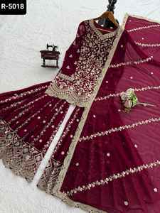 Traje Sharara de Estilo Indio y Pakistaní en Material Faux Georgette con Hilos y Lentejuelas, con Dupatta con Borde de Encaje para Mujer - Product Image 4