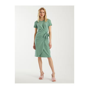 Vestido midi informal de algodón, cuello redondo, manga corta, con cinturón, muy colorido, sin forro, hecho en TR. - Product Image 3