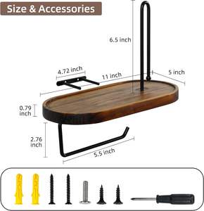 Soporte de papel higiénico-con estante, soporte de papel higiénico de madera marrón Montaje en pared Rollo de papel higiénico de metal negro - Product Image 4