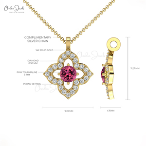 Nouvelle arrivée pendentif floral en tourmaline rose de 3mm rond pour mariage collier pendentif en or véritable 14 carats avec diamant délicat fournisseur en gros - Product Image 5