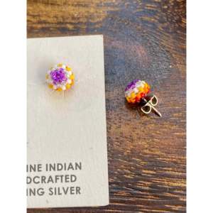 Navajo Beaded <b>Post</b> <b>Earrings</b> Ethnic Style Stud <b>Earrings</b> with Flower Pattern and Bezel Setting Inlay - Product Image 5