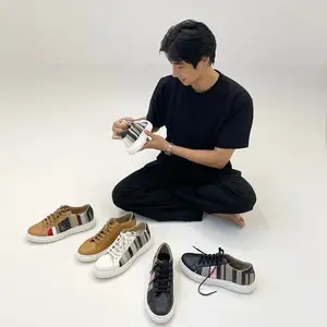 [MNHS] Upcycling Eco Stripe Vegan Leather Daily Unisex Sneakers Handcrafted Shoes The Made In Korea