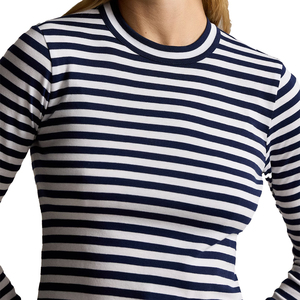 เสื้อยืดแขนยาวถักลายทางเข้ารูปของผู้หญิงผ้าฝ้ายระบายอากาศคอกลมเสื้อลำลองติดฉลากคอแบบกำหนดเองป้ายโลโก้ - Product Image 2