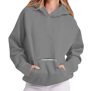 Sudadera con Capucha para Mujer, Estilo Informal, Holgada, Color Sólido, Talla Grande, Color Gris - Product Image 1