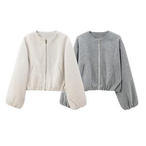 แจ็กเก็ตขนสัตว์บอมเบอร์แบบสั้นสำหรับผู้หญิง, เสื้อโค้ทลำลองสีเทา2025ฤดูใบไม้ร่วงฤดูหนาว - Product Image 1