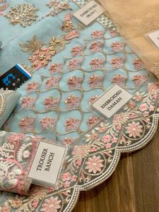 2023 vente chaude bleu clair haute qualité soie Organza Salwar Kameez robe pakistanaise/indienne avec travail manuel et broderie - Product Image 5