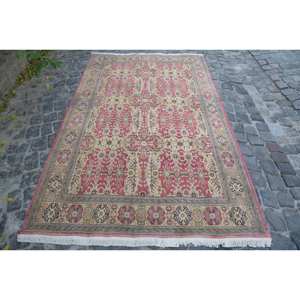 Alfombra de área de lana turca Vintage, diseño de retales rojo y Beige, rectángulo grande, respaldo de látex de 4,8x8,1 pies para pasillo, dormitorio, 10mm - Product Image 1