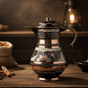 Grande carafe en cuivre avec couvercle émaillé pour les fêtes - Product Image 1