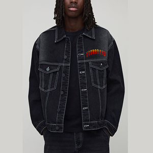 Custom High Quality Long Front Vintage Denim Varsity Jacket Men Single Button Streetwear Washed Contrast Stitching Winter - Product Image 6