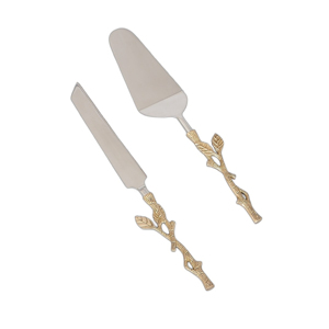 Ensemble de serveur de couteaux de style européen de luxe spatule argentée en acier inoxydable et coupe-gâteau avec poignée confortable en brindille dorée - Product Image 1