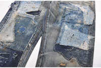 Celana Jeans Denim Selvedge Jepang Desain Terbaru Berkualitas Tinggi Vintage Heavy Wash Distressed Patches untuk Pria