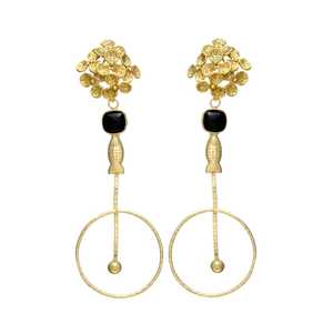 Black <b>Onyx</b> Gemstone Fish Design Gold Plated Dangle <b>Earring</b> With Flowers Stud - Product Image 1