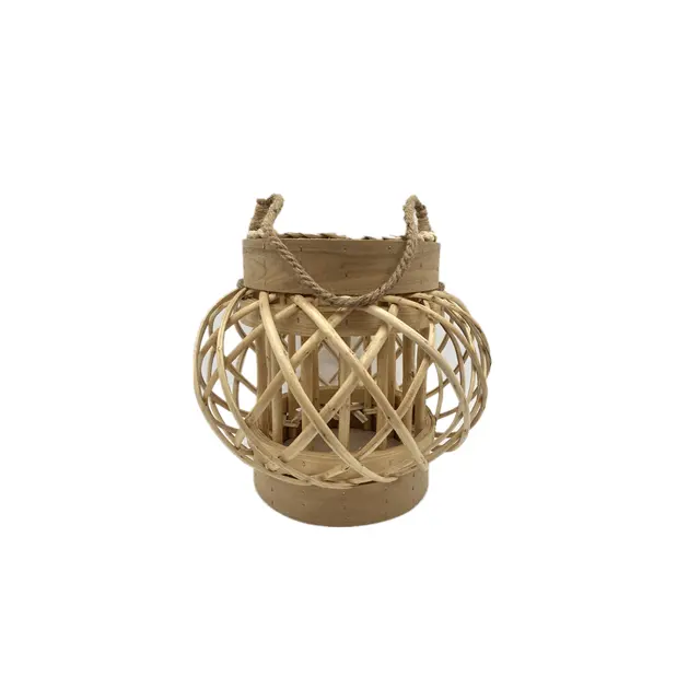 Lanterna di vetro struttura in ferro con corda di iuta che copre lanterna di vetro di piccole dimensioni all'interno della struttura in metallo lanterna di candela in legno