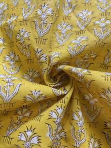 ผ้าฝ้ายพิมพ์ลายด้วยมือ ลายดอกบูตะ |   ผ้าสีเหลืองมัสตาร์ดจากอินเดีย - Product Image 2