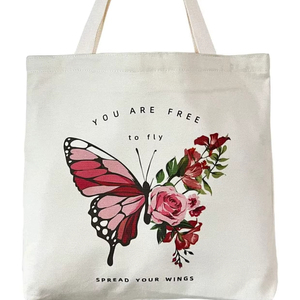 Sac fourre-tout en toile de coton inspiré des papillons et des roses avec imprimé de bouquet floral en blanc avec des accents roses et verts - Product Image 1