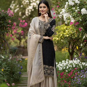 Ensemble de luxe prêt-à-porter pour femme en soie GMY pure, avec broderie lourde, comprenant haut, pantalon palazzo et dupatta, qualité export - Product Image 1