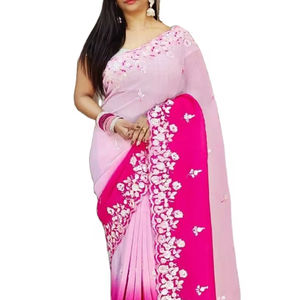 Séquence de vêtements de fête avec un sari spécial du festival de créateurs de broderie en georgette douce avec chemisier - Product Image 1