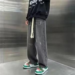 Nouveaux hommes Y2K Vintage côté rayé droit Jean haute rue lavage bleu Baggy Denim pantalon Hip Hop mode Jeans - Product Image 5