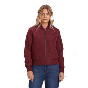 Wholesale Women's Burgundy Bomber <b>Jacket</b> Full Sleeve Zipper Closure Solid Color Windproof Polyester Woven Autumn Style - Product Image 1