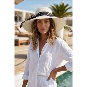 หมวกฟางสีขาวผูกโบว์ลายจุด HSR2136 - hsr2136-white - Product Image 1