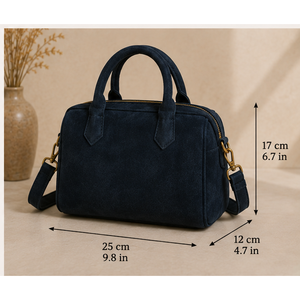 Modern <b>Navy</b> Blue Cow Suede Handbag for Women-Genuine Suede Leather <b>Tote</b> Shoulder <b>Bag</b> with Zipper Closure Pillow Pattern - Product Image 4