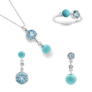 Plata de Ley 925 Topacio azul natural y piedras preciosas turquesas Anillo llamativo Pendientes y collar Conjuntos de joyería fina a precio barato - Product Image 1