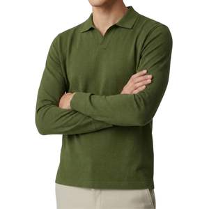 Polo à manches longues en tricot ajusté vert foncé pour homme, logo personnalisé de haute qualité, simple, élégant, décontracté pour le travail - Product Image 1