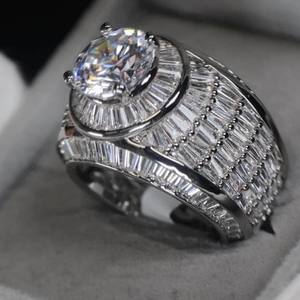 8.00Ct Hip Hop VVS Moissanite White Gold Round & Baguette Cut Pave Setting <b>Ice</b> Anniversary <b>Ring</b> Men's 925 Sterling Silver - Product Image 1
