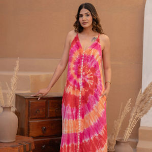 Vestido Midi Tie Dye Rosa Naranja, Atuendo Vibrante para Festival, Vestido Largo Bohemio para Atardecer, Vacaciones en la Playa, 100% Algodón - Product Image 1