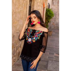 Chemise à fleurs orange brodée pour femmes, style ethnique, avec manches transparentes, tenue décontractée - Product Image 4