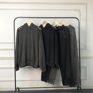 Vêtements lourds en détresse Streetwear personnalisé plaine blanc lavage à l'acide sweats à capuche et pantalon de survêtement à jambes larges baggy surdimensionné - Product Image 1