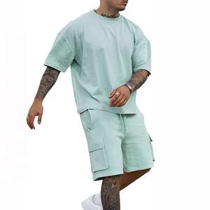 Vente en gros Survêtement épais uni pour homme Survêtement complet surdimensionné 100% coton à manches courtes col rond Survêtement cargo Shorts - Product Image 2