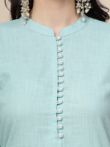 Elegante Kurti de Manga Larga hasta la Rodilla para Mujer, con Bordado Hermoso en Azul y Marrón, 100% Algodón, con Pantalones a Juego, Tendencia de Primavera - Product Image 4