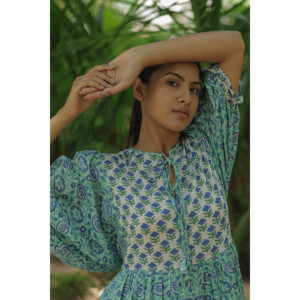 Vestido Midi de Algodón para Mujer, Estampado Floral a Mano, Estilo Boho Chic, con Mangas Largas, Bolsillos, Cintura Natural, Sostenible - Product Image 5