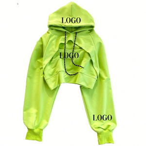 Nuevas mujeres personalizadas verde lima recortada Crop Top Sudadera con capucha pulóver sudadera con Sujetador deportivo sudaderas con capucha - Product Image 1