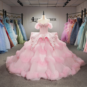 Dy6996 Luxury Pink Chiffon Quinceanera <b>Dress</b> Fluffy <b>Ruffles</b> Natural Waistline Heavy Lace Appliques Corset Ball Gown Sweetheart - Product Image 3