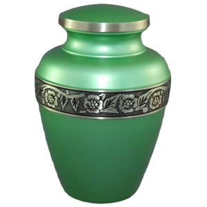 Urnes de crémation pour adultes en laiton de haute qualité avec bande de gravure étain et urnes funéraires en métal fini de couleur verte brillante - Product Image 1