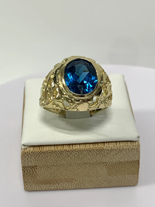 Bague bleue Style pépite véritable or massif 10k or jaune massif couleur homme pierre forme bague pépite ovale pierre saphir - Product Image 4