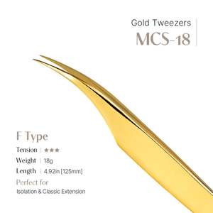 Pinzas de Acero Inoxidable Doradas MCS-18 con Puntas Puntiagudas en Forma de F para Extensiones de Pestañas y Puntas de Fibra Aplicadoras - Product Image 2