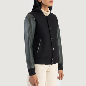 Chaqueta híbrida verde y negra Savant personalizada de la mejor calidad, chaqueta con mangas de cuero Letterman, chaqueta vaquera informal de Invierno para mujer - Product Image 3