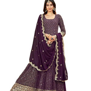 Último diseñador Anarkali vestido Fab Zone Faux Georgette bordado secuencia hilo trabajo estilo paquistaní Sari vestido de fiesta étnico - Product Image 1