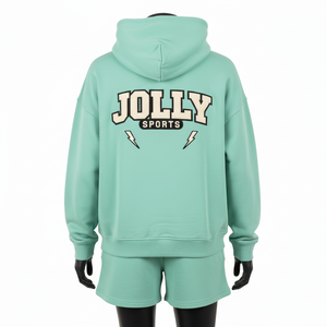 Ensemble sweat à capuche et short en molleton de coton et polyester de qualité supérieure pour femme, vert menthe, vêtements de sport, impression de logo personnalisé, broderie pour femme - Product Image 3