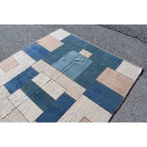 พรมตุรกีขนาด 6x8.8 ฟุต, พรมขนาดใหญ่สไตล์วินเทจ, พรมลายดอกไม้สีน้ำเงินขาว - Product Image 5